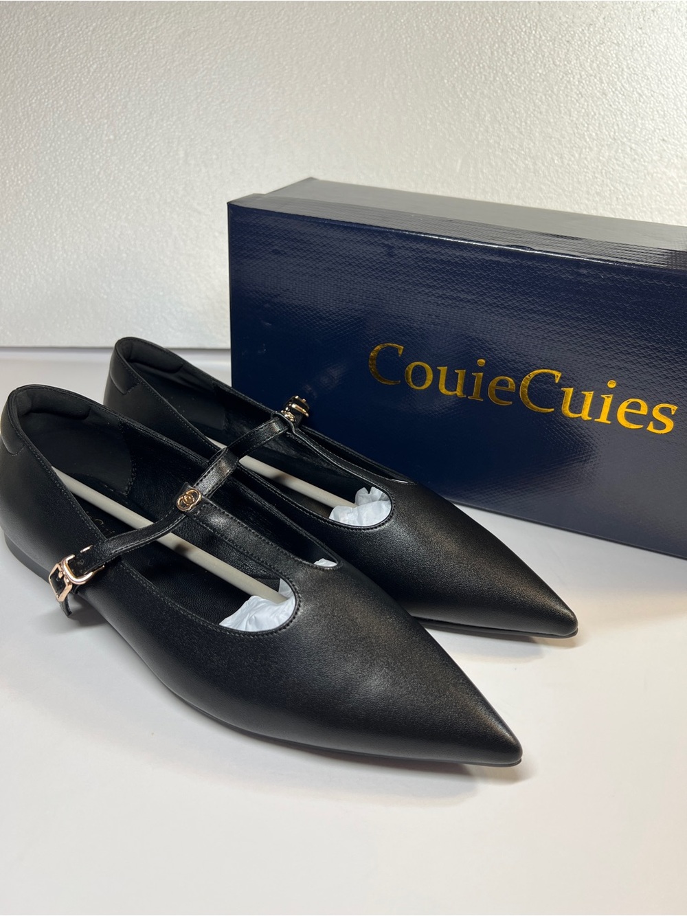 Black Pointed T-Strap Flats